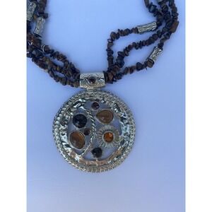 Necklace big pendant brown tone silver tone 17" inches bohemian chic 3" pendant